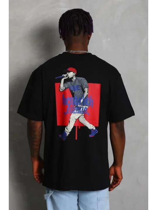 Unisex Oversize Baskılı Bisiklet Yaka T-Shirt - Siyah Unisex Oversize Baskılı Bisiklet Yaka T-Shirt - Siyah