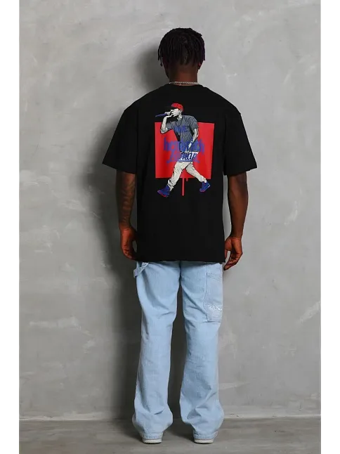 Erkek Baskılı Tişort Kısa Kol Bisiklet Yaka Ovarsize T-shirt - - Siyah