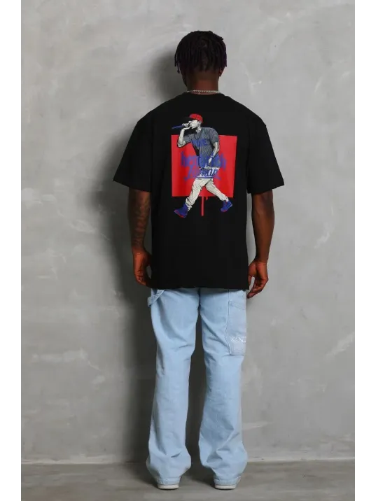 Unisex Oversize Baskılı Bisiklet Yaka T-Shirt - Siyah Unisex Oversize Baskılı Bisiklet Yaka T-Shirt - Siyah