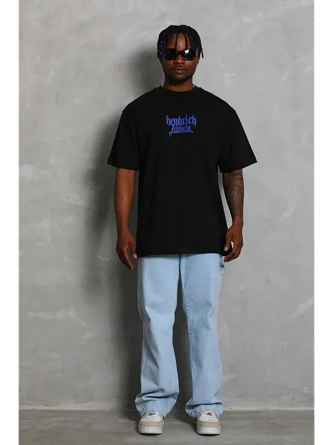 Erkek Baskılı Tişort Kısa Kol Bisiklet Yaka Ovarsize T-shirt - - Siyah