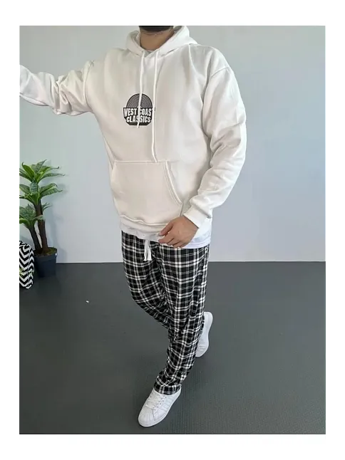 Erkek Baskılı Üç İplik Kapüşonlu Oversize Sweatshirt - Beyaz