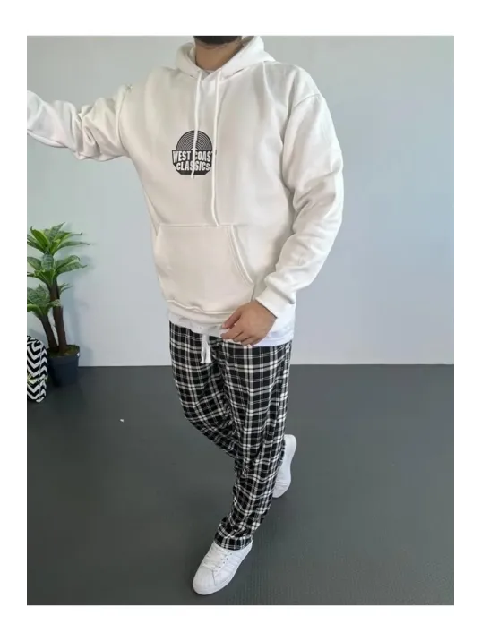 Erkek Oversize Üç İplik Kapüşonlu Sweatshirt – Beyaz Ön Baskılı, Kanguru Cepli, Rahat Kalıp, İçi Pamuklu Model Erkek Oversize Üç İplik Kapüşonlu Sweatshirt – Beyaz Ön Baskılı, Kanguru Cepli, Rahat Kalıp, İçi Pamuklu Model