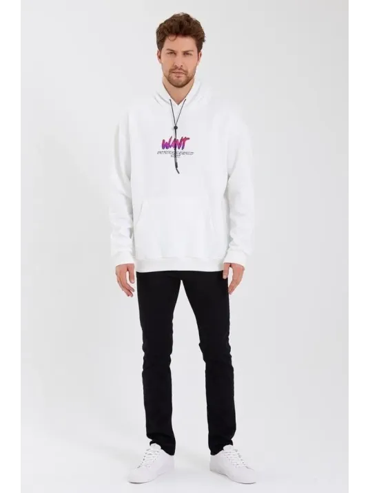 Erkek Baskılı Üç İplik Kapüşonlu Oversize Sweatshirt - Beyaz Erkek Baskılı Üç İplik Kapüşonlu Oversize Sweatshirt - Beyaz