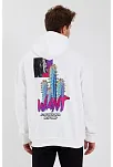 Erkek Baskılı Üç İplik Kapüşonlu Oversize Sweatshirt - Beyaz