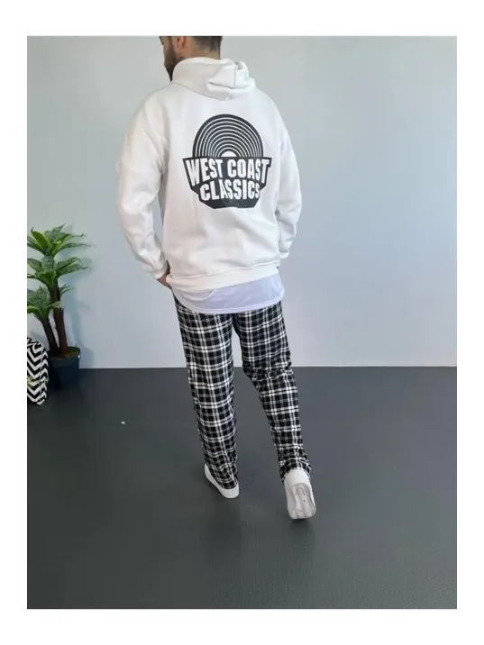 Erkek Baskılı Üç İplik Kapüşonlu Oversize Sweatshirt - Beyaz Erkek Baskılı Üç İplik Kapüşonlu Oversize Sweatshirt - Beyaz