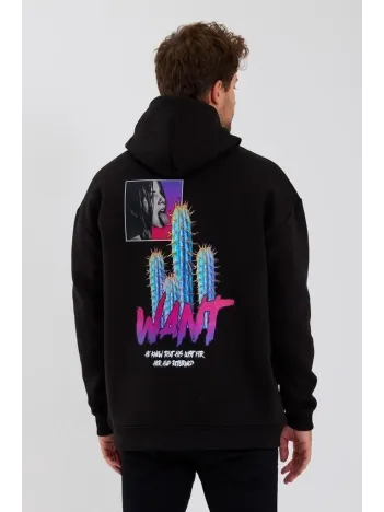 Erkek Baskılı Üç İplik Kapüşonlu Oversize Sweatshirt - Siyah Erkek Baskılı Üç İplik Kapüşonlu Oversize Sweatshirt - Siyah