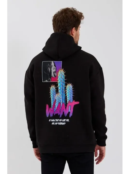 Erkek Baskılı Üç İplik Kapüşonlu Oversize Sweatshirt - Siyah Erkek Baskılı Üç İplik Kapüşonlu Oversize Sweatshirt - Siyah