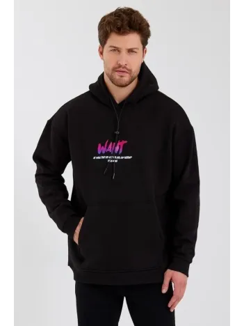 Erkek Baskılı Üç İplik Kapüşonlu Oversize Sweatshirt - Siyah Erkek Baskılı Üç İplik Kapüşonlu Oversize Sweatshirt - Siyah