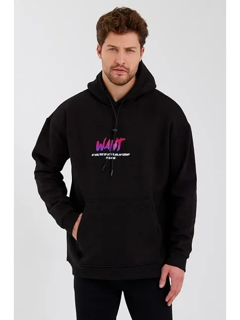 Erkek Baskılı Üç İplik Kapüşonlu Oversize Sweatshirt - Siyah