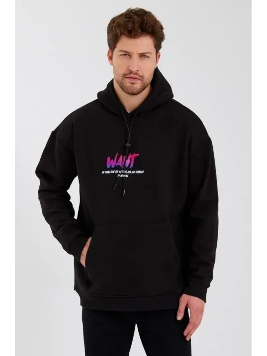 Erkek Baskılı Üç İplik Kapüşonlu Oversize Sweatshirt - Siyah Erkek Baskılı Üç İplik Kapüşonlu Oversize Sweatshirt - Siyah