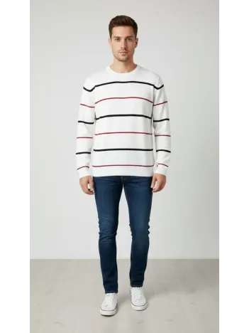 Erkek Bisiklet Yaka Cizgili Triko Kazak Yumuşak Dokulu Pamuklu İnce Dokuma, Uzun Kollu Rahat Regular Kalıp - Beyaz