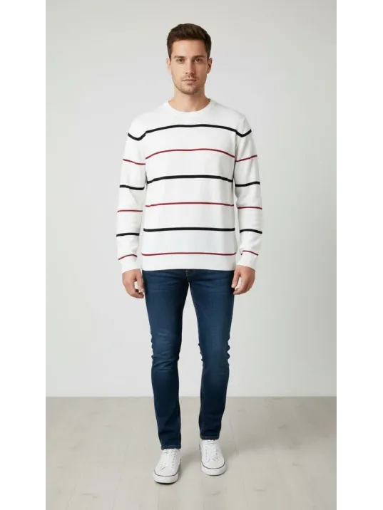 Erkek Bisiklet Yaka Cizgili Triko Kazak Yumuşak Dokulu Pamuklu İnce Dokuma, Uzun Kollu Rahat Regular Kalıp - Beyaz