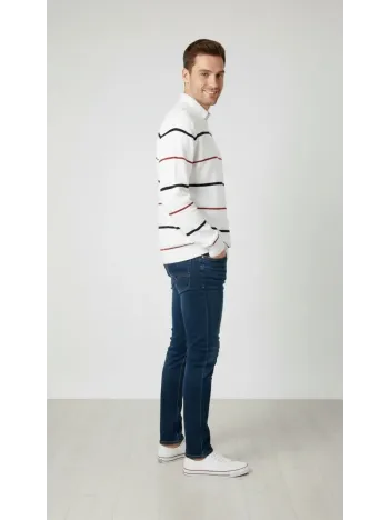 Erkek Bisiklet Yaka Cizgili Triko Kazak Yumuşak Dokulu Pamuklu İnce Dokuma, Uzun Kollu Rahat Regular Kalıp - Beyaz