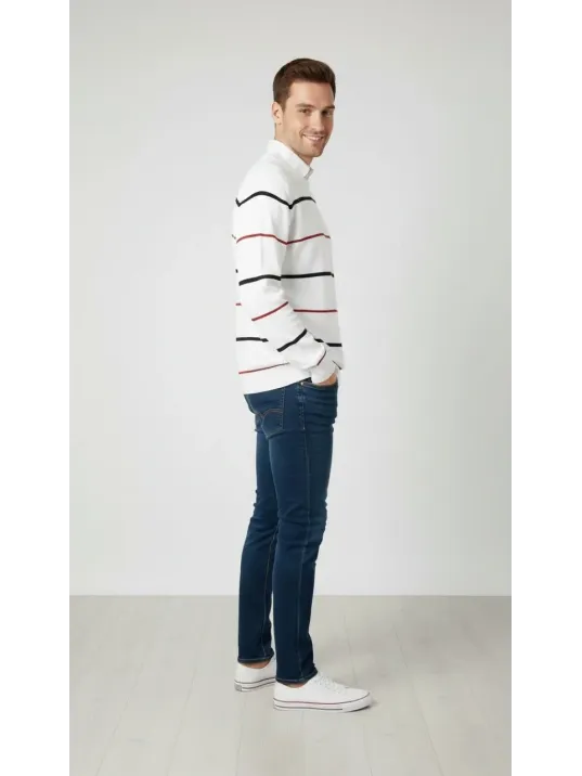 Erkek Bisiklet Yaka Cizgili Triko Kazak Yumuşak Dokulu Pamuklu İnce Dokuma, Uzun Kollu Rahat Regular Kalıp - Beyaz