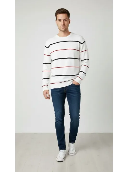 Erkek Bisiklet Yaka Cizgili Triko Kazak Yumuşak Dokulu Pamuklu İnce Dokuma, Uzun Kollu Rahat Regular Kalıp - Beyaz