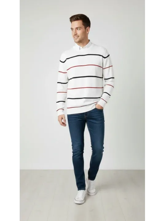 Erkek Bisiklet Yaka Cizgili Triko Kazak Yumuşak Dokulu Pamuklu İnce Dokuma, Uzun Kollu Rahat Regular Kalıp - Beyaz