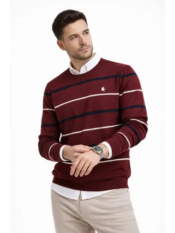 Erkek Bisiklet Yaka Cizgili Triko Kazak Yumuşak Dokulu Pamuklu İnce Dokuma, Uzun Kollu Rahat Regular Kalıp - Bordo