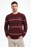 Erkek Bisiklet Yaka Cizgili Triko Kazak Yumuşak Dokulu Pamuklu İnce Dokuma, Uzun Kollu Rahat Regular Kalıp - Bordo