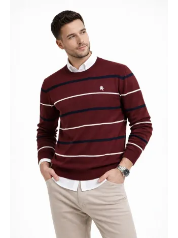 Erkek Bisiklet Yaka Cizgili Triko Kazak Yumuşak Dokulu Pamuklu İnce Dokuma, Uzun Kollu Rahat Regular Kalıp - Bordo