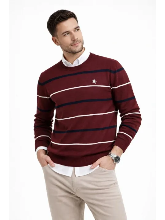 Erkek Bisiklet Yaka Cizgili Triko Kazak Yumuşak Dokulu Pamuklu İnce Dokuma, Uzun Kollu Rahat Regular Kalıp - Bordo