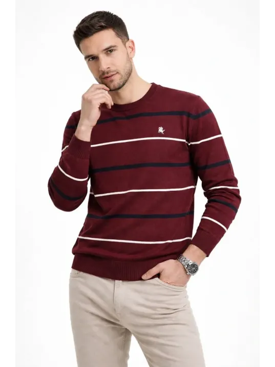 Erkek Bisiklet Yaka Cizgili Triko Kazak Yumuşak Dokulu Pamuklu İnce Dokuma, Uzun Kollu Rahat Regular Kalıp - Bordo