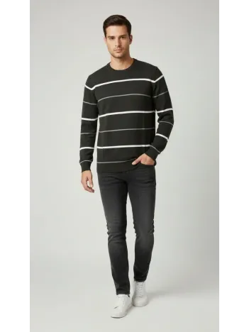 Erkek Bisiklet Yaka Cizgili Triko Kazak Yumuşak Dokulu Pamuklu İnce Dokuma, Uzun Kollu Rahat Regular Kalıp - Füme