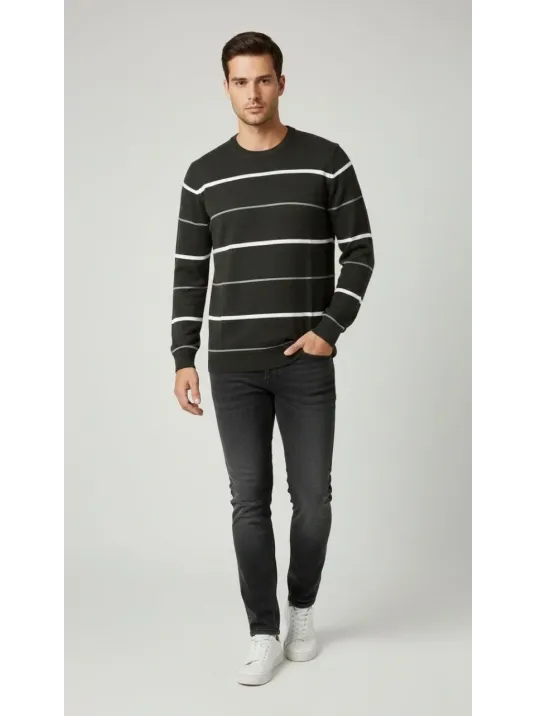 Erkek Bisiklet Yaka Cizgili Triko Kazak Yumuşak Dokulu Pamuklu İnce Dokuma, Uzun Kollu Rahat Regular Kalıp - Füme Erkek Bisiklet Yaka Cizgili Triko Kazak Yumuşak Dokulu Pamuklu İnce Dokuma, Uzun Kollu Rahat Regular Kalıp - Füme