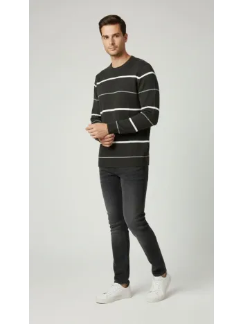 Erkek Bisiklet Yaka Cizgili Triko Kazak Yumuşak Dokulu Pamuklu İnce Dokuma, Uzun Kollu Rahat Regular Kalıp - Füme