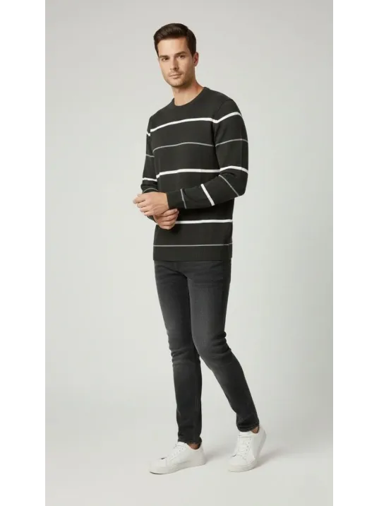 Erkek Bisiklet Yaka Cizgili Triko Kazak Yumuşak Dokulu Pamuklu İnce Dokuma, Uzun Kollu Rahat Regular Kalıp - Füme Erkek Bisiklet Yaka Cizgili Triko Kazak Yumuşak Dokulu Pamuklu İnce Dokuma, Uzun Kollu Rahat Regular Kalıp - Füme