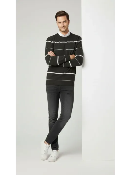 Erkek Bisiklet Yaka Cizgili Triko Kazak Yumuşak Dokulu Pamuklu İnce Dokuma, Uzun Kollu Rahat Regular Kalıp - Füme Erkek Bisiklet Yaka Cizgili Triko Kazak Yumuşak Dokulu Pamuklu İnce Dokuma, Uzun Kollu Rahat Regular Kalıp - Füme