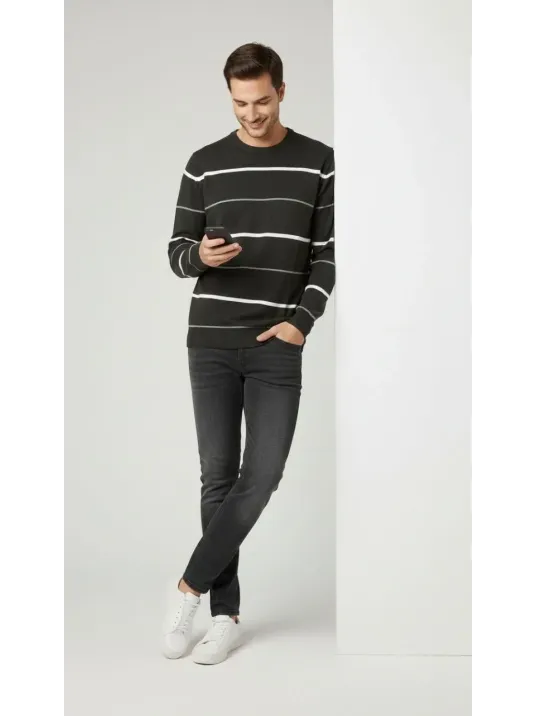 Erkek Bisiklet Yaka Cizgili Triko Kazak Yumuşak Dokulu Pamuklu İnce Dokuma, Uzun Kollu Rahat Regular Kalıp - Füme Erkek Bisiklet Yaka Cizgili Triko Kazak Yumuşak Dokulu Pamuklu İnce Dokuma, Uzun Kollu Rahat Regular Kalıp - Füme