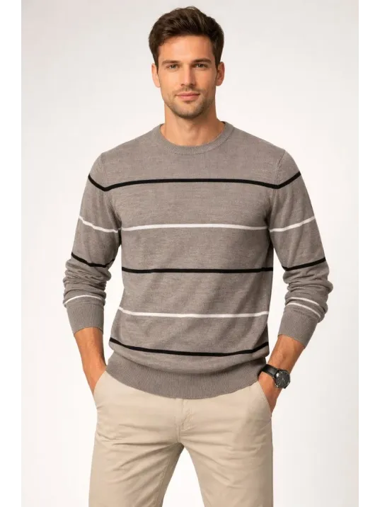 Erkek Bisiklet Yaka Cizgili Triko Kazak Yumuşak Dokulu Pamuklu İnce Dokuma, Uzun Kollu Rahat Regular Kalıp - Gri