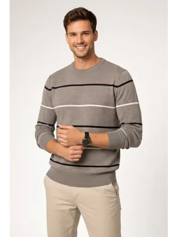 Erkek Bisiklet Yaka Cizgili Triko Kazak Yumuşak Dokulu Pamuklu İnce Dokuma, Uzun Kollu Rahat Regular Kalıp - Gri