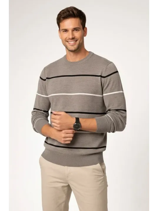 Erkek Bisiklet Yaka Cizgili Triko Kazak Yumuşak Dokulu Pamuklu İnce Dokuma, Uzun Kollu Rahat Regular Kalıp - Gri