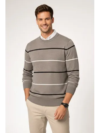 Erkek Bisiklet Yaka Cizgili Triko Kazak Yumuşak Dokulu Pamuklu İnce Dokuma, Uzun Kollu Rahat Regular Kalıp - Gri