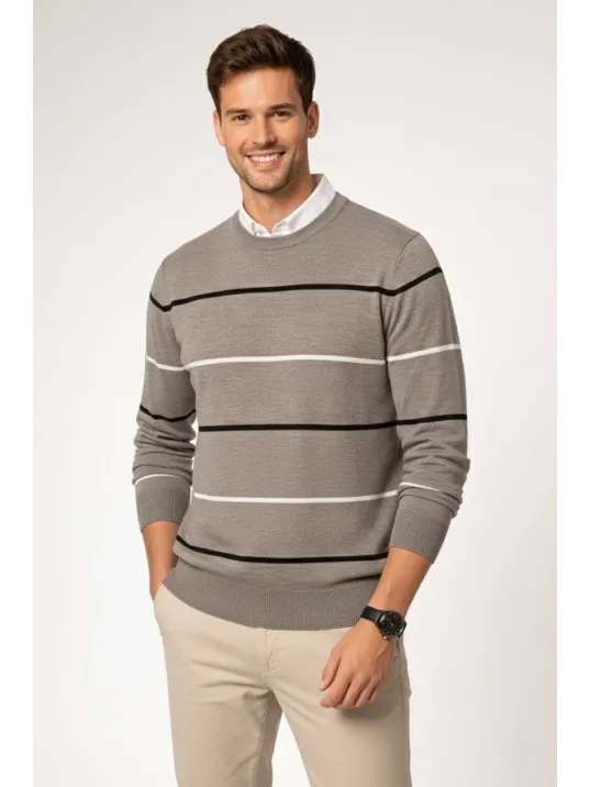 Erkek Bisiklet Yaka Cizgili Triko Kazak Yumuşak Dokulu Pamuklu İnce Dokuma, Uzun Kollu Rahat Regular Kalıp - Gri