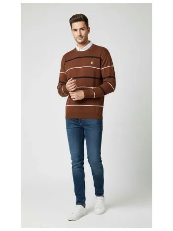 Erkek Bisiklet Yaka Cizgili Triko Kazak Yumuşak Dokulu Pamuklu İnce Dokuma, Uzun Kollu Rahat Regular Kalıp - Kahverengi