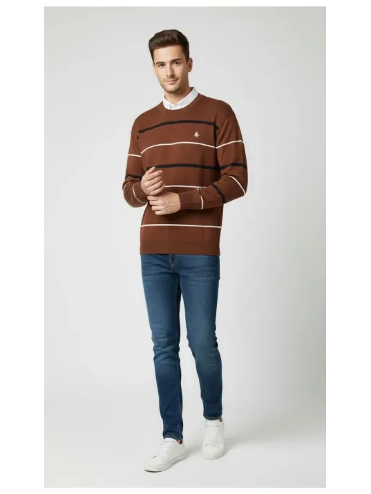 Erkek Bisiklet Yaka Cizgili Triko Kazak Yumuşak Dokulu Pamuklu İnce Dokuma, Uzun Kollu Rahat Regular Kalıp - Kahverengi