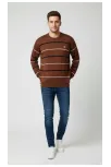 Erkek Bisiklet Yaka Cizgili Triko Kazak Yumuşak Dokulu Pamuklu İnce Dokuma, Uzun Kollu Rahat Regular Kalıp - Kahverengi