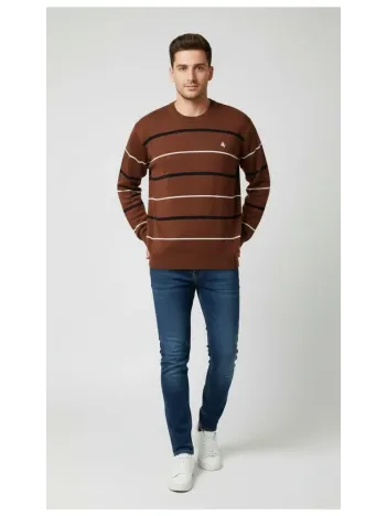 Erkek Bisiklet Yaka Cizgili Triko Kazak Yumuşak Dokulu Pamuklu İnce Dokuma, Uzun Kollu Rahat Regular Kalıp - Kahverengi