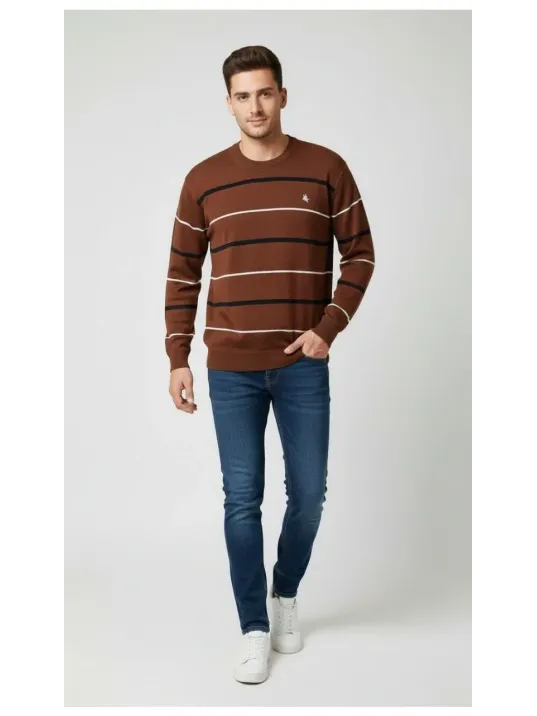 Erkek Bisiklet Yaka Cizgili Triko Kazak Yumuşak Dokulu Pamuklu İnce Dokuma, Uzun Kollu Rahat Regular Kalıp - Kahverengi