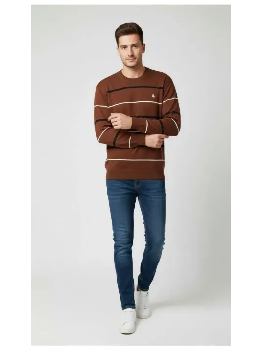 Erkek Bisiklet Yaka Cizgili Triko Kazak Yumuşak Dokulu Pamuklu İnce Dokuma, Uzun Kollu Rahat Regular Kalıp - Kahverengi