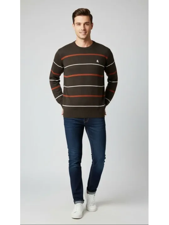 Erkek Bisiklet Yaka Cizgili Triko Kazak Yumuşak Dokulu Pamuklu İnce Dokuma, Uzun Kollu Rahat Regular Kalıp - Koyu Kahverengi