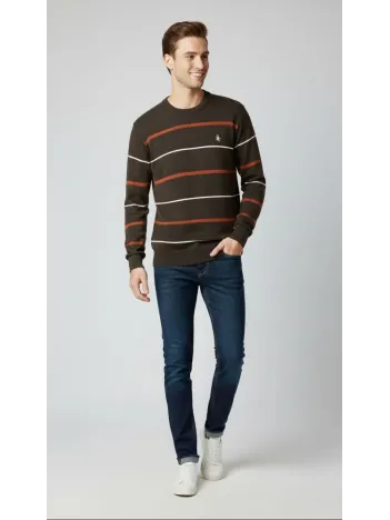 Erkek Bisiklet Yaka Cizgili Triko Kazak Yumuşak Dokulu Pamuklu İnce Dokuma, Uzun Kollu Rahat Regular Kalıp - Koyu Kahverengi