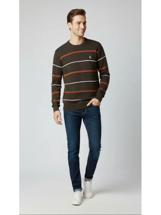 Erkek Bisiklet Yaka Cizgili Triko Kazak Yumuşak Dokulu Pamuklu İnce Dokuma, Uzun Kollu Rahat Regular Kalıp - Koyu Kahverengi