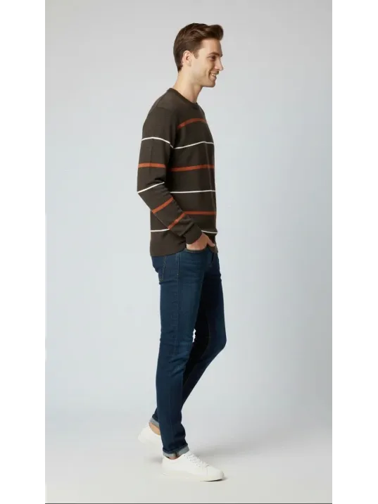 Erkek Bisiklet Yaka Cizgili Triko Kazak Yumuşak Dokulu Pamuklu İnce Dokuma, Uzun Kollu Rahat Regular Kalıp - Koyu Kahverengi