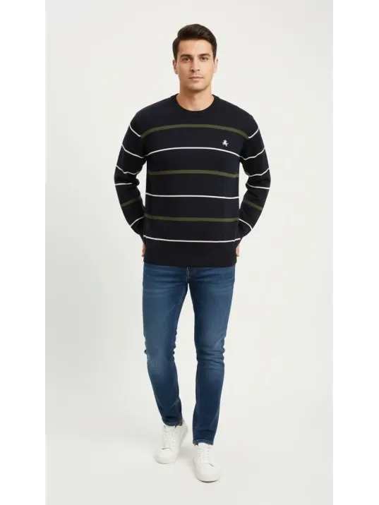 Erkek Bisiklet Yaka Cizgili Triko Kazak Yumuşak Dokulu Pamuklu İnce Dokuma, Uzun Kollu Rahat Regular Kalıp - Lacivert