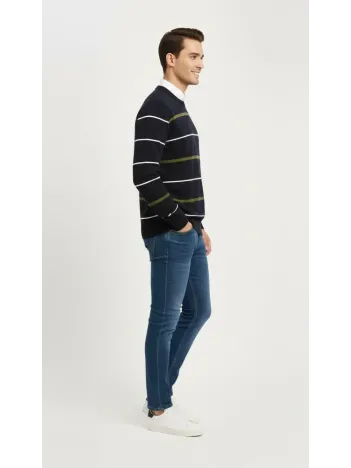 Erkek Bisiklet Yaka Cizgili Triko Kazak Yumuşak Dokulu Pamuklu İnce Dokuma, Uzun Kollu Rahat Regular Kalıp - Lacivert