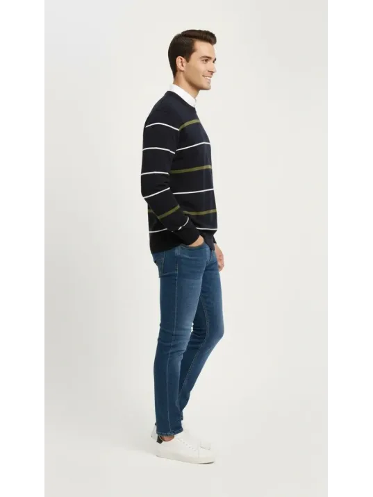 Erkek Bisiklet Yaka Cizgili Triko Kazak Yumuşak Dokulu Pamuklu İnce Dokuma, Uzun Kollu Rahat Regular Kalıp - Lacivert