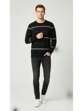 Erkek Bisiklet Yaka Cizgili Triko Kazak Yumuşak Dokulu Pamuklu İnce Dokuma, Uzun Kollu Rahat Regular Kalıp - Siyah